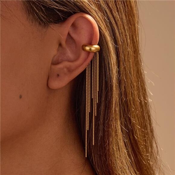 18K Gold-Plated Tassel Ear Cuff Earrings - Picture 1 of 6